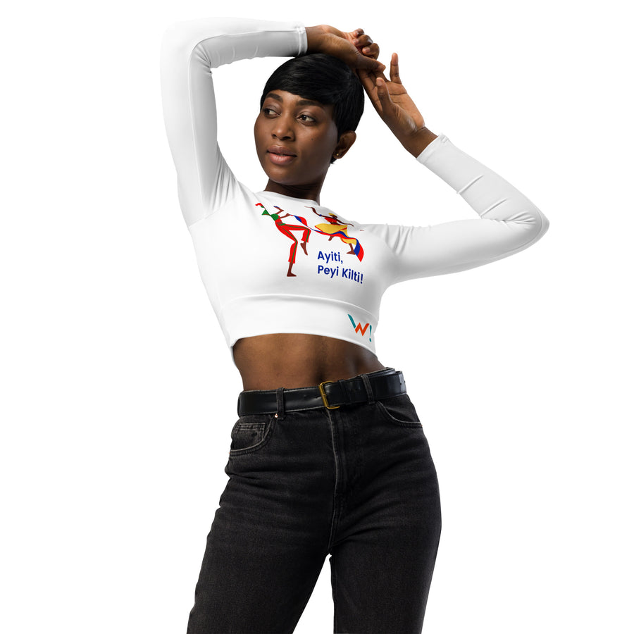 Long-(White) sleeves crop top/ shirt - "Ayiti, Peyi Kilti"