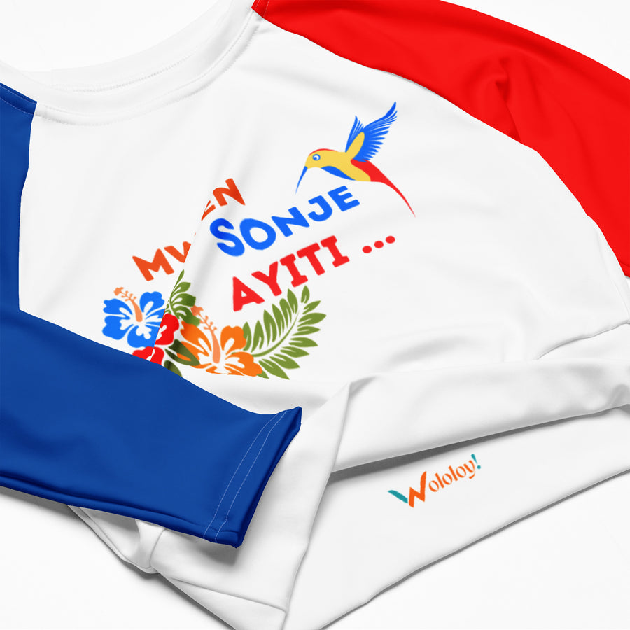 Long-(Blue & Red) sleeves crop top/ shirt - "Mwen Sonje Ayiti"
